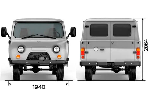 Габариты УАЗ Остекленный фургон (3741) | Вид спереди и сзади