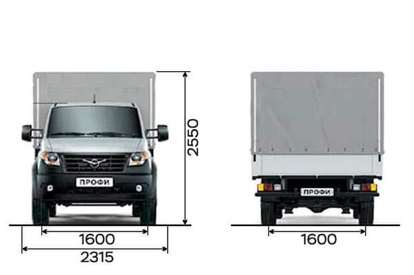 Габариты УАЗ Профи Двойная кабина | Вид спереди и сзади