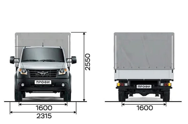 Габариты УАЗ Профи | Вид спереди и сзади