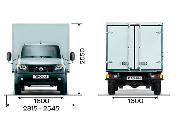 Габариты УАЗ Профи Рефрижератор | Вид спереди и сзади