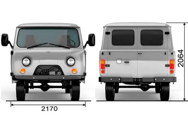Габариты УАЗ Санитарный автомобиль для медслужб (39629) | Вид спереди и сзади