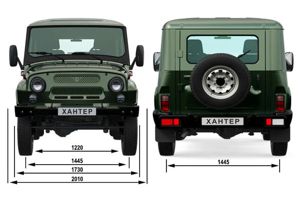 Габариты УАЗ Хантер | Вид спереди и сзади